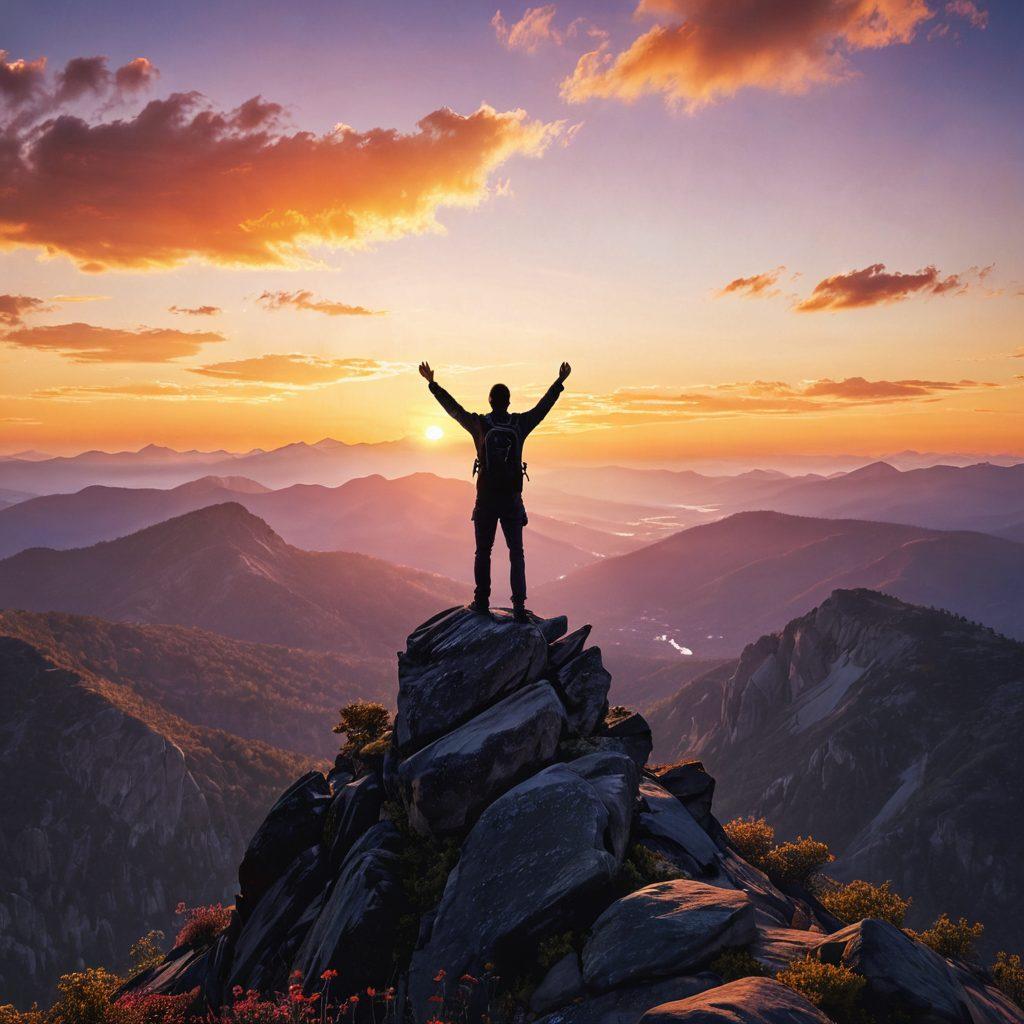 A confident individual standing atop a mountain peak, arms raised in celebration, surrounded by a radiant sunrise symbolizing empowerment and freedom. Lush valleys below represent personal growth and exploration. Incorporate subtle symbols of adult lifestyle, such as playful silhouettes in the distance. The atmosphere should feel uplifting and inspiring. vibrant colors. super-realistic.