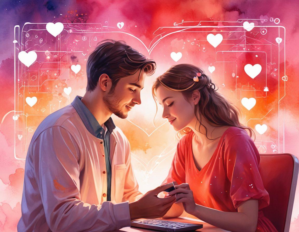 A whimsical scene depicting a couple connecting through modern technology, surrounded by heart-shaped symbols and glowing screens, intertwining traditional romance with digital elements. The background features abstract representations of various communication methods like texts, video calls, and social media. Soft, enchanting lighting enhances the warm atmosphere of love. watercolor style. vibrant colors. dreamy background.