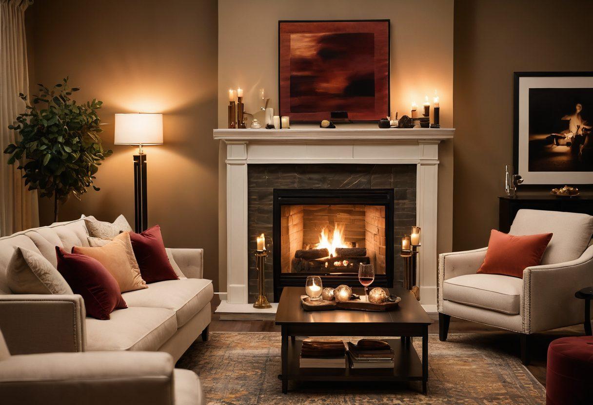 A cozy and intimate setting featuring a stylish couple sharing a moment together, surrounded by soft lighting, plush furniture, and warm-toned decor. Include elements like wine glasses, an inviting fireplace, and decor that suggests connection and intimacy. Infuse a sense of sophistication and romance to reflect a vibrant adult lifestyle. super-realistic. warm colors. cozy atmosphere.